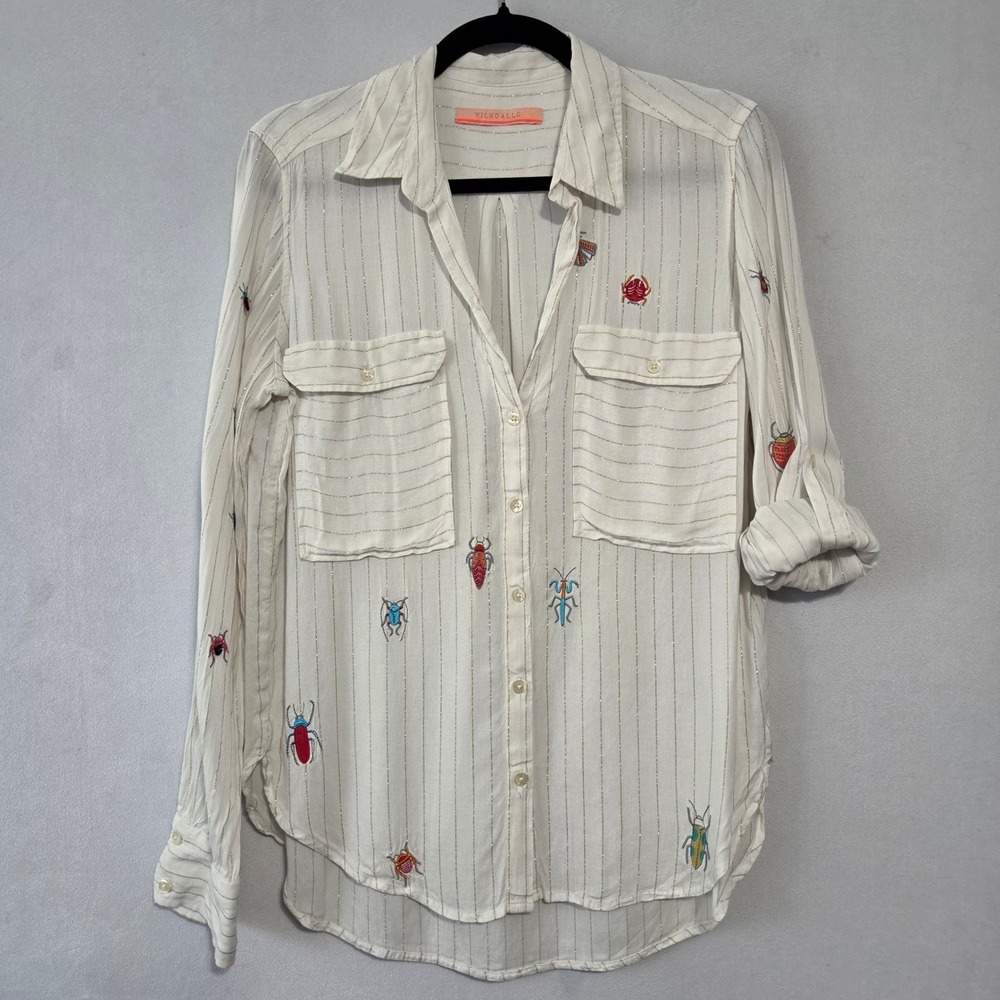 Vilagallo Top Women 40 White Lurex Stripe Button Up Beetle Embroidered Preppy